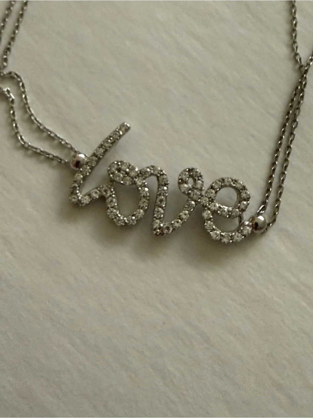 Sterling Silver 925 Italy Pavé CZ Script Love Double Chain Bracelet